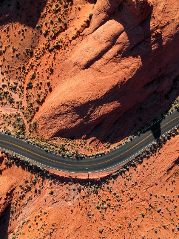 Aerial view of a winding road in Valley of Fire State Park Nevada, USA