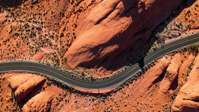 Aerial view of a winding road in Valley of Fire